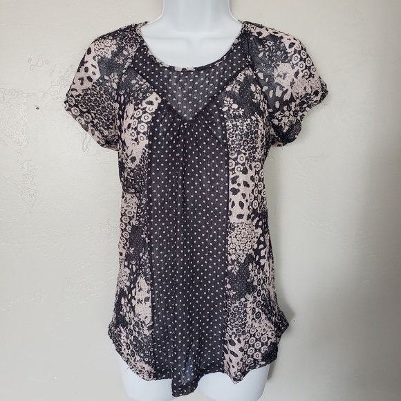 Maurices XS Mesh Lace Short Sleeve Blouse Shirt Navy Blue Light Pink Top Pattern - Picture 1 of 8